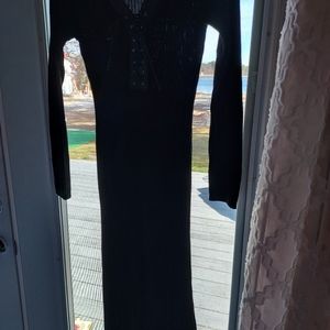 Black Knit Long Dress with Leather Trim